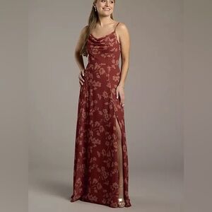 CELEBRATE DB STUDIO Floral Chiffon Cowl Neck Dress with Slit Cinnamon Size 2